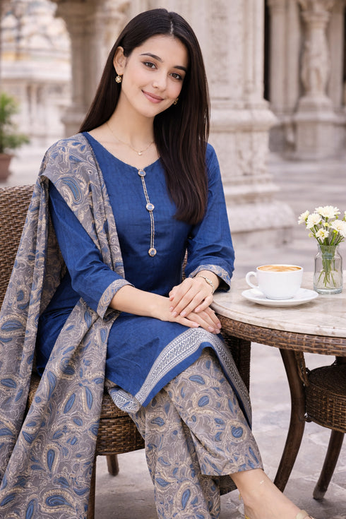 Blue Cotton Blend Printed Ready to Wear Patiala Salwar Suit