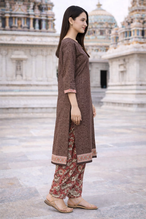 Taupe Cotton Blend Printed Ready to Wear Patiala Salwar Suit
