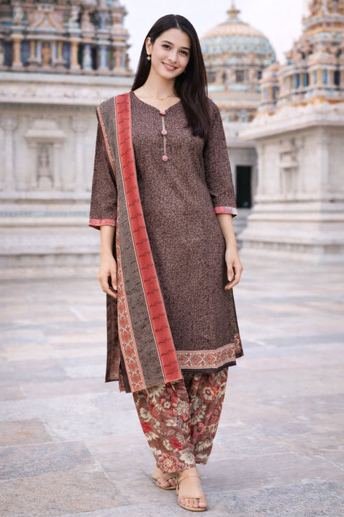 Taupe Cotton Blend Printed Ready to Wear Patiala Salwar Suit