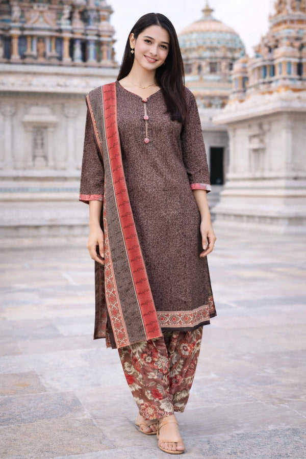 Taupe Cotton Blend Printed Ready to Wear Patiala Salwar Suit