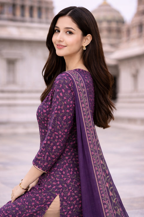 Purple Cotton Blend Printed Ready to Wear Patiala Salwar Suit