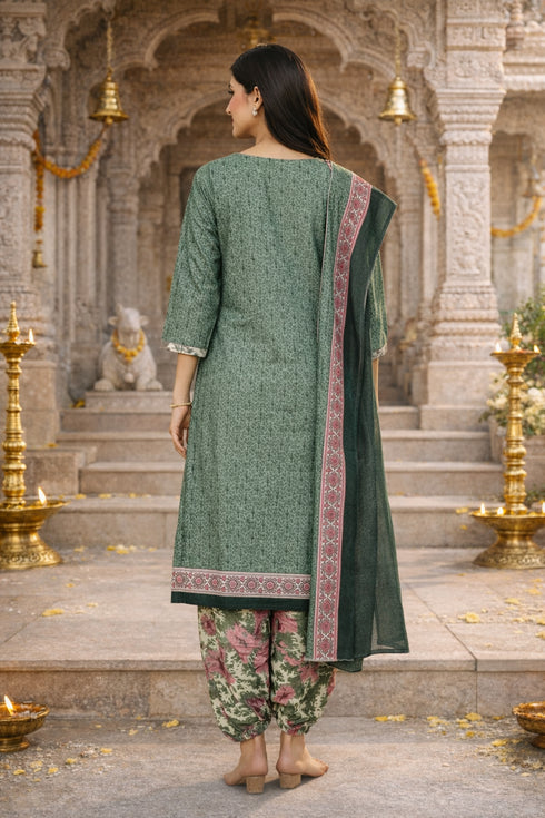 Olive Green Cotton Blend Printed Ready to Wear Patiala Salwar Suit