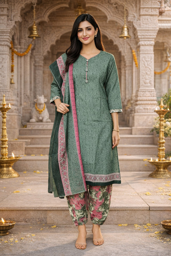Olive Green Cotton Blend Printed Ready to Wear Patiala Salwar Suit