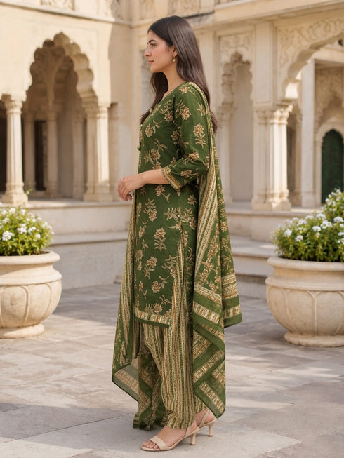 Mahendi Green Cotton Blend Printed Ready to Wear Patiala Salwar Suit