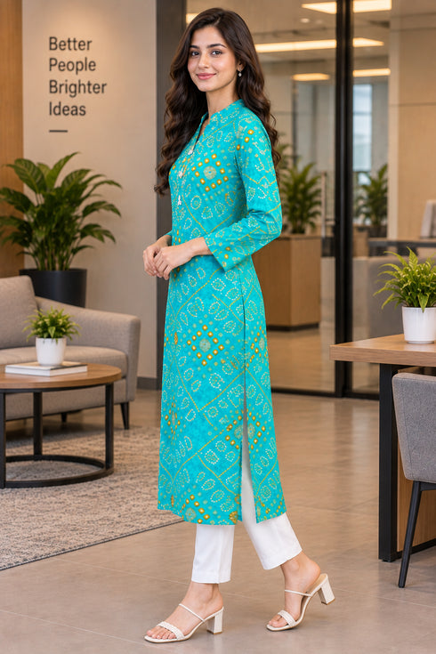Turquoise Pure Cotton Bandhej Printed Kurti