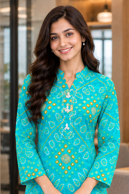Turquoise Pure Cotton Bandhej Printed Kurti