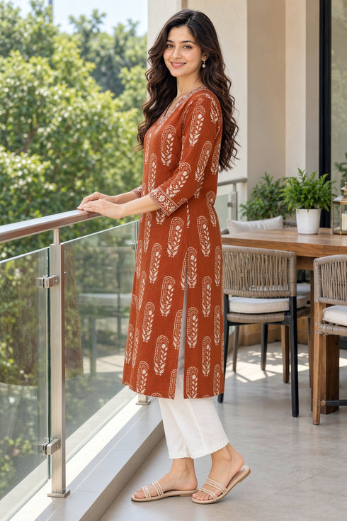 Rust Pure Cotton Ikat Printed Kurta For Women