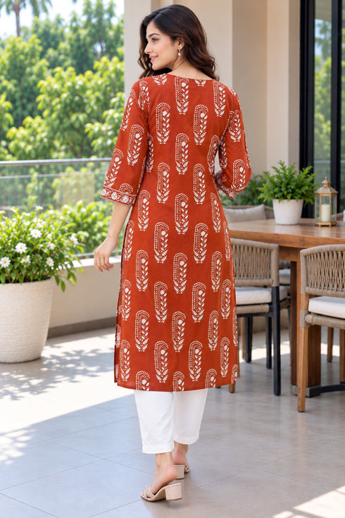 Rust Pure Cotton Ikat Printed Kurta For Women
