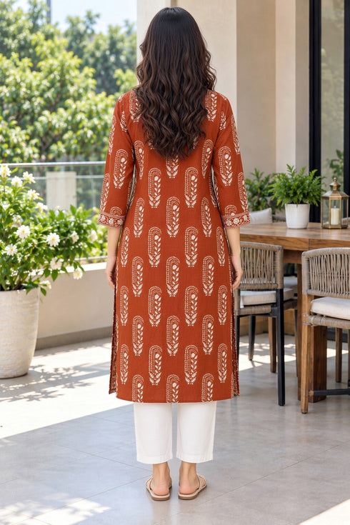 Rust Pure Cotton Ikat Printed Kurta For Women