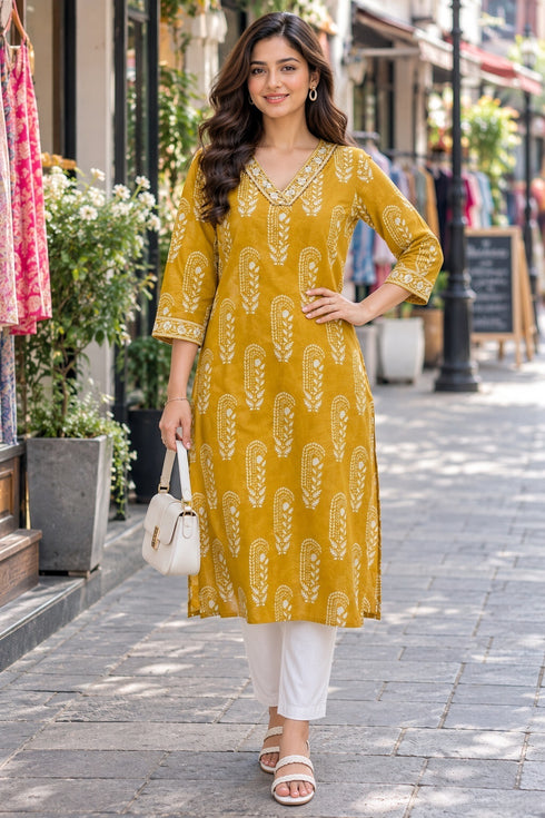 Mustard Pure Cotton Ikat Printed Kurta For Women