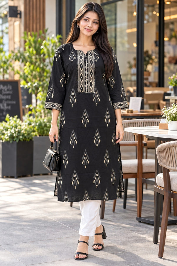 Black Pure Cotton Ikat Printed Kurta For Women