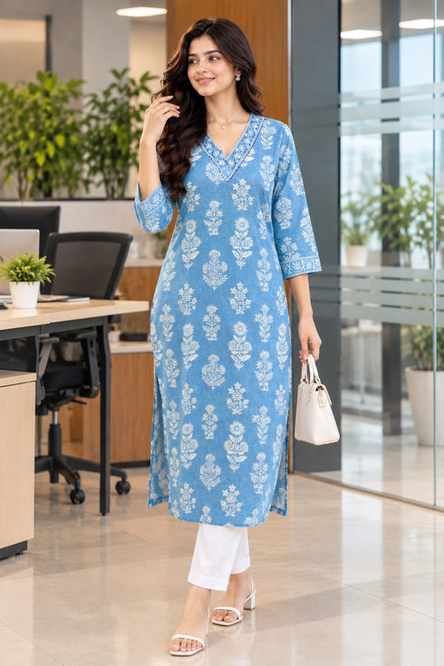 Sky Blue Pure Cotton Floral Block Printed Kurti
