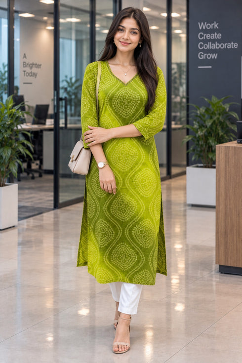 Parrot Green Pure Cotton Bandhej Printed Kurti