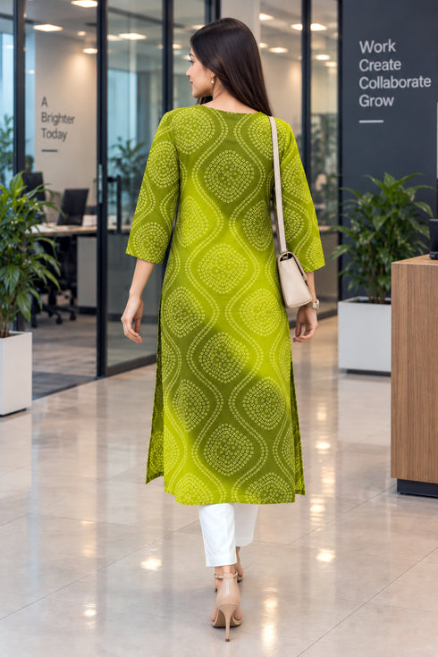 Parrot Green Pure Cotton Bandhej Printed Kurti