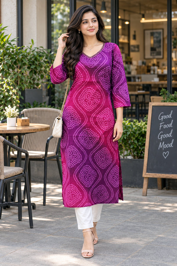 Purple & Pink Pure Cotton Bandhej Printed Kurti