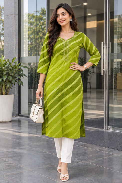 Parrot Green Pure Cotton Ikat Printed Kurta For Women