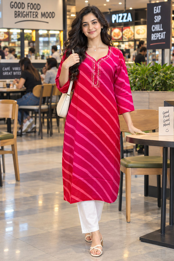 Pink & Red Pure Cotton Ikat Printed Kurta For Women