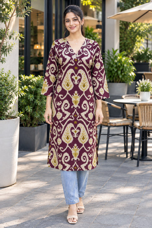 Wine Pure Cotton Ikat Printed Kurta For Women