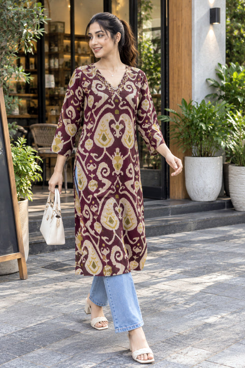 Wine Pure Cotton Ikat Printed Kurta For Women