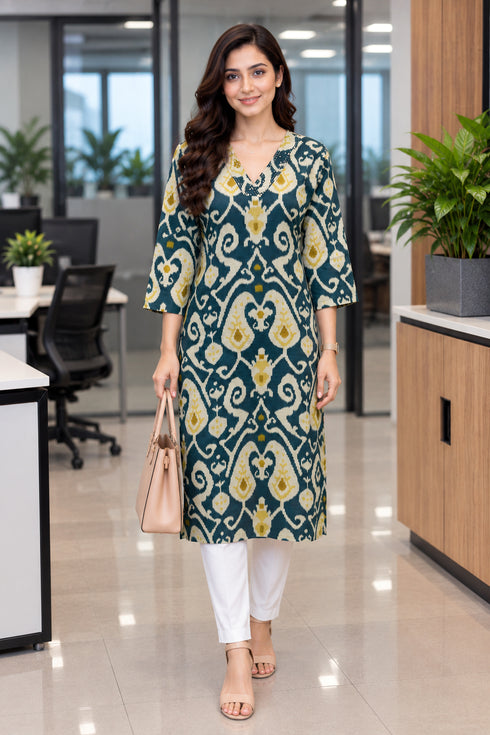 Green Pure Cotton Ikat Printed Kurta For Women