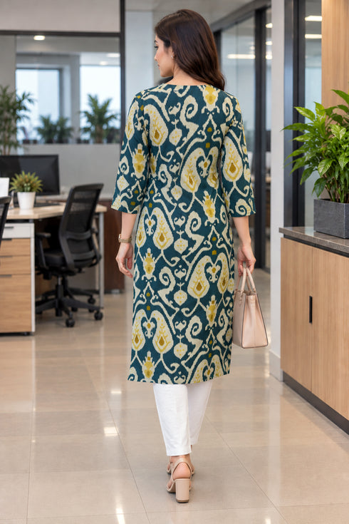 Green Pure Cotton Ikat Printed Kurta For Women