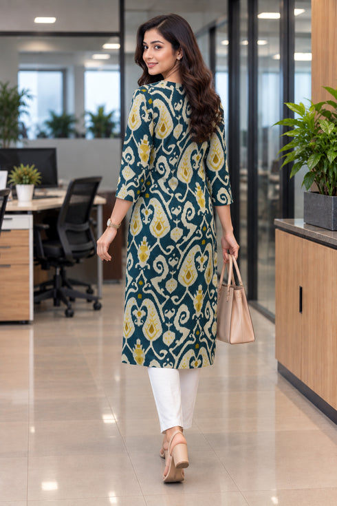 Green Pure Cotton Ikat Printed Kurta For Women