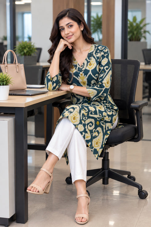 Green Pure Cotton Ikat Printed Kurta For Women