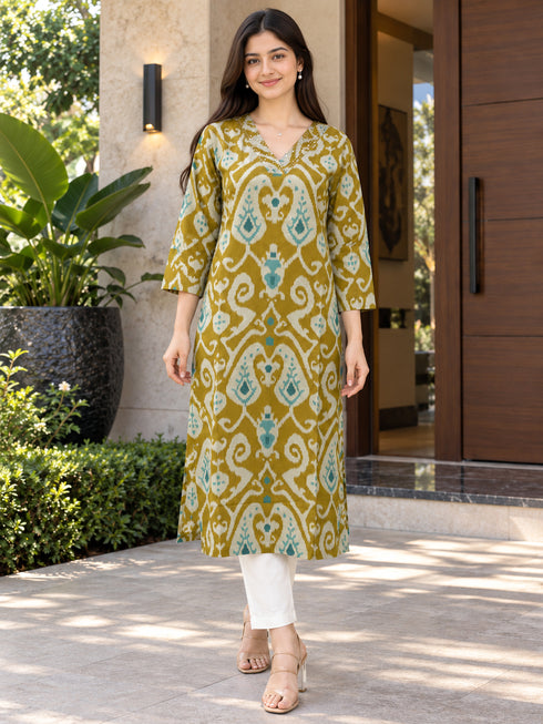 Mustard Yellow Pure Cotton Ikat Printed Kurta For Women
