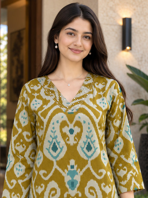 Mustard Yellow Pure Cotton Ikat Printed Kurta For Women