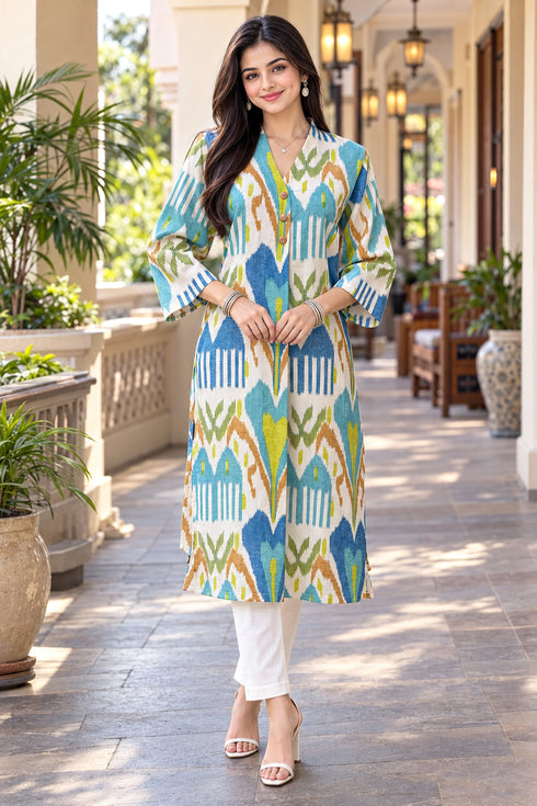 Blue & Beige Pure Cotton Ikat Printed Kurta For Women
