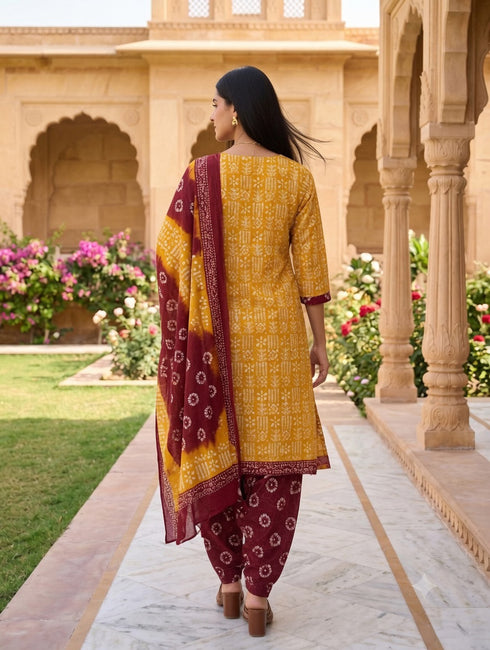 Yellow Cotton Blend Printed Ready to Wear Patiala Salwar Suit
