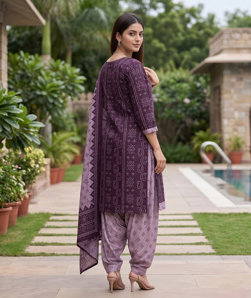 Purple Cotton Blend Printed Ready to Wear Patiala Salwar Suit