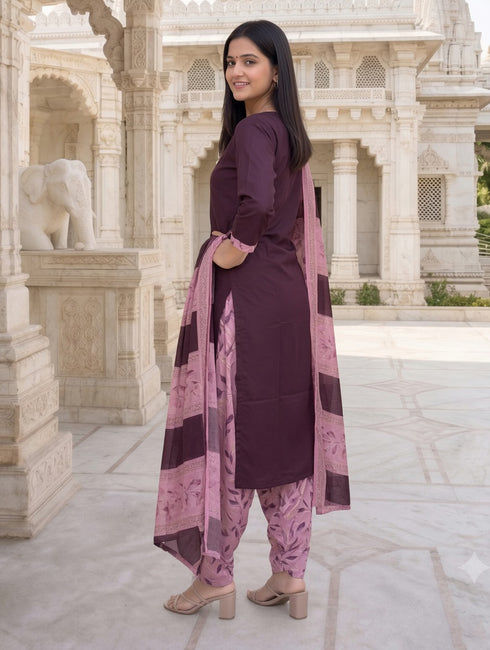 Wine Cotton Blend Floral Printed Ready to Wear Patiala Salwar Suit
