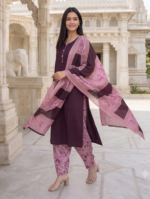 Wine Cotton Blend Floral Printed Ready to Wear Patiala Salwar Suit