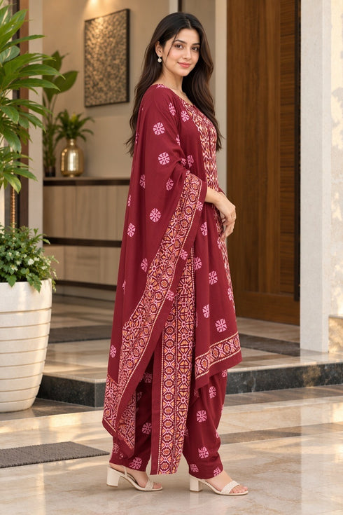 Maroon Cotton Blend Printed Ready to Wear Patiala Salwar Suit