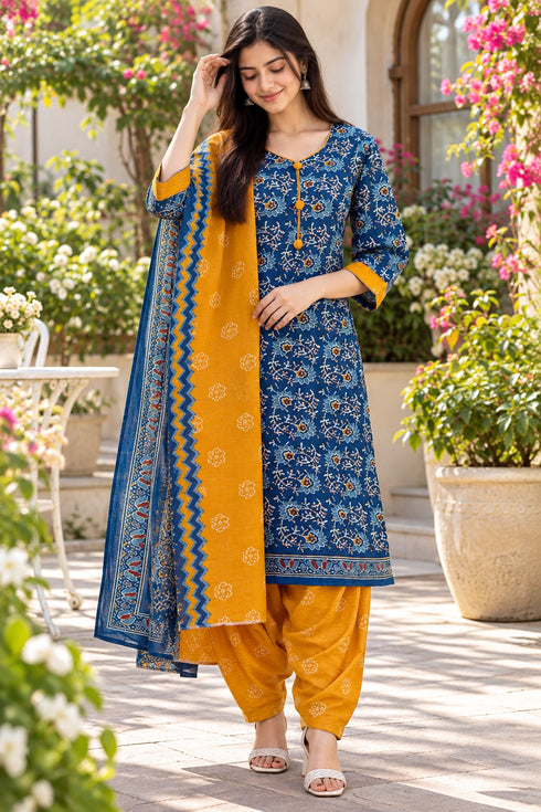 Teal Cotton Blend Printed Ready to Wear Patiala Salwar Suit