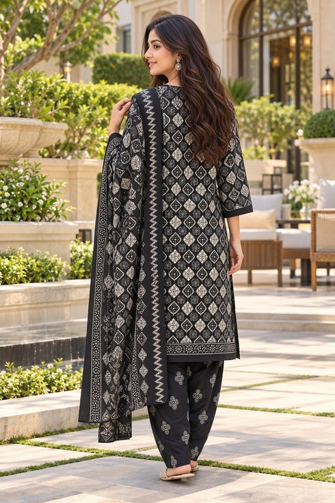 Black Cotton Blend Printed Ready to Wear Patiala Salwar Suit