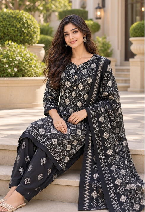 Black Cotton Blend Printed Ready to Wear Patiala Salwar Suit