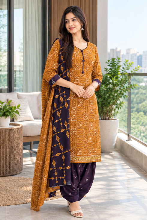 Mustard Cotton Blend Printed Ready to Wear Patiala Salwar Suit