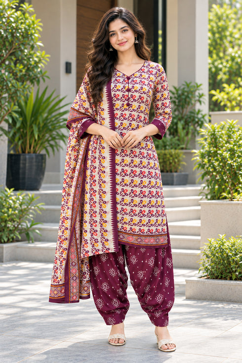 Beige & Wine Cotton Blend Printed Ready to Wear Patiala Salwar Suit