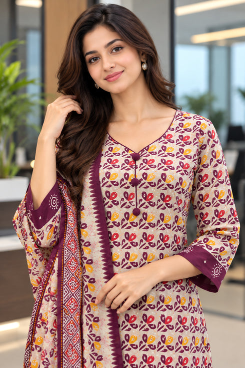 Beige & Wine Cotton Blend Printed Ready to Wear Patiala Salwar Suit