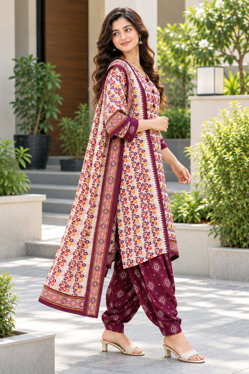 Beige & Wine Cotton Blend Printed Ready to Wear Patiala Salwar Suit