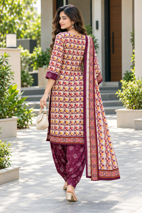 Beige & Wine Cotton Blend Printed Ready to Wear Patiala Salwar Suit
