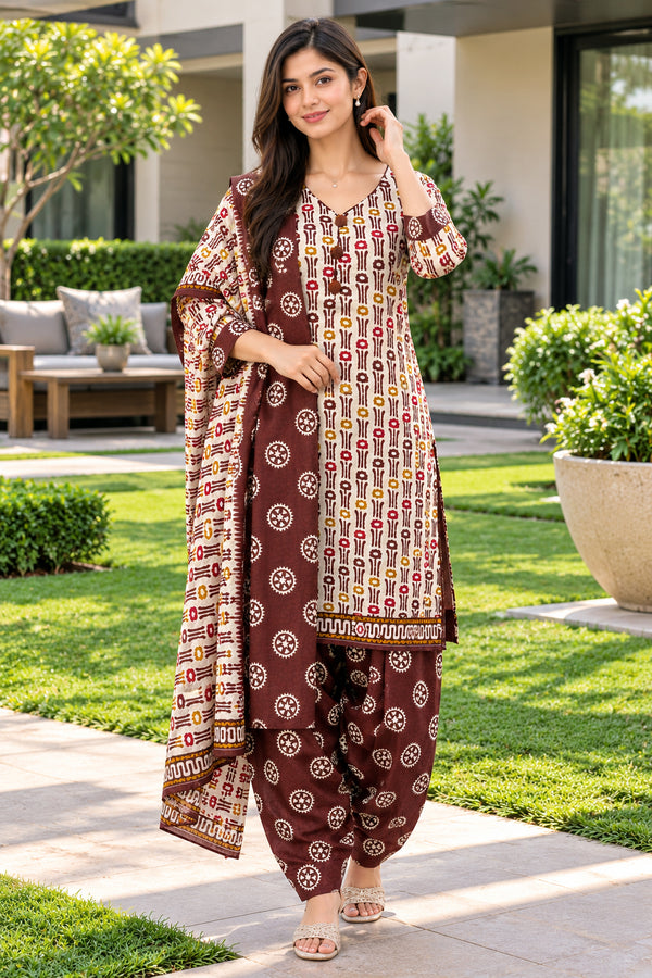 Beige Cotton Blend Printed Ready to Wear Patiala Salwar Suit