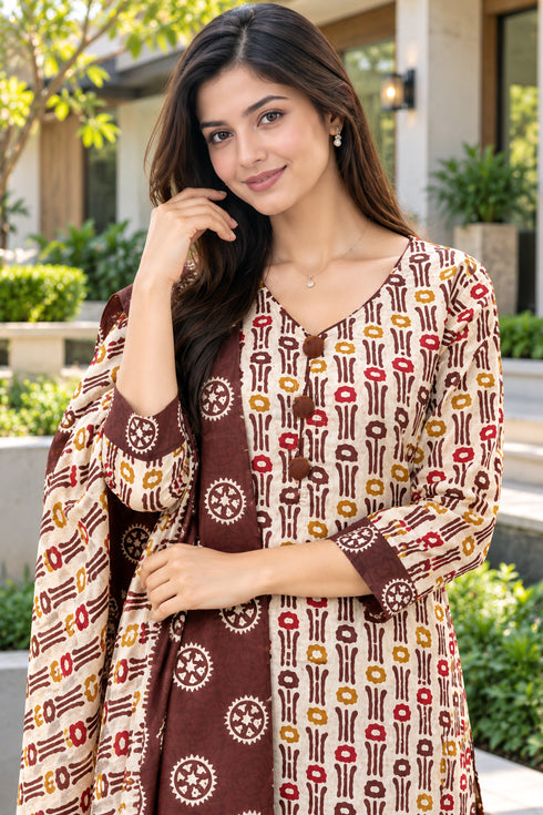 Beige Cotton Blend Printed Ready to Wear Patiala Salwar Suit