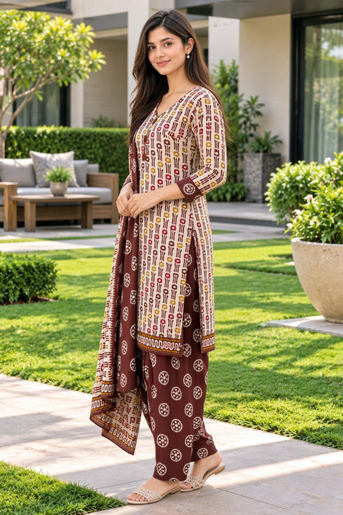 Beige Cotton Blend Printed Ready to Wear Patiala Salwar Suit