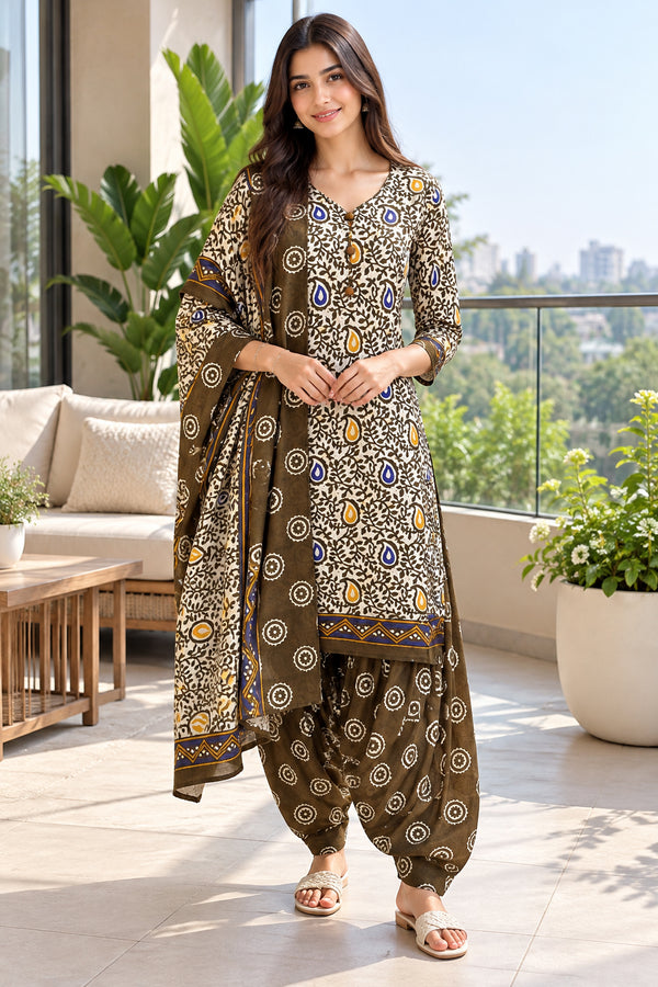 Beige Cotton Blend Printed Ready to Wear Patiala Salwar Suit