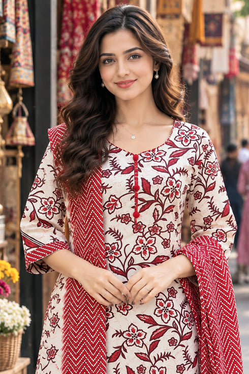 White & Red Cotton Blend Printed Ready to Wear Patiala Salwar Suit