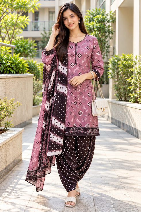 Dusty Pink Cotton Blend Printed Ready to Wear Patiala Salwar Suit