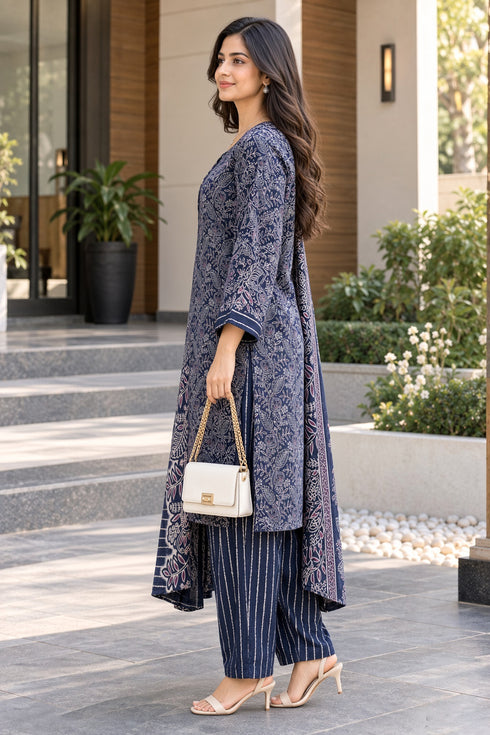 Blue Cotton Blend Printed Ready to Wear Patiala Salwar kurta sets women RW5284BU0926